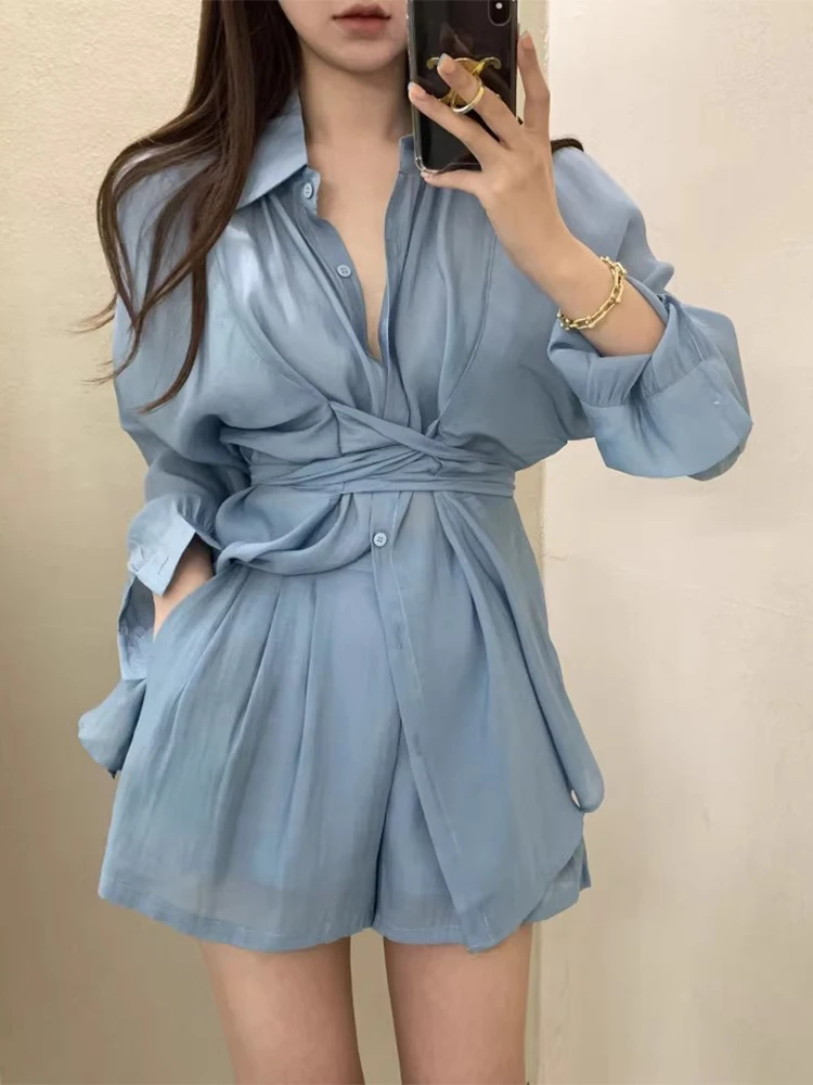 

Chic Spring Crossbody Knot High Waist a Women's Chiffon irt And Wide Leg ort Pants Set French Sle Cotton Blend