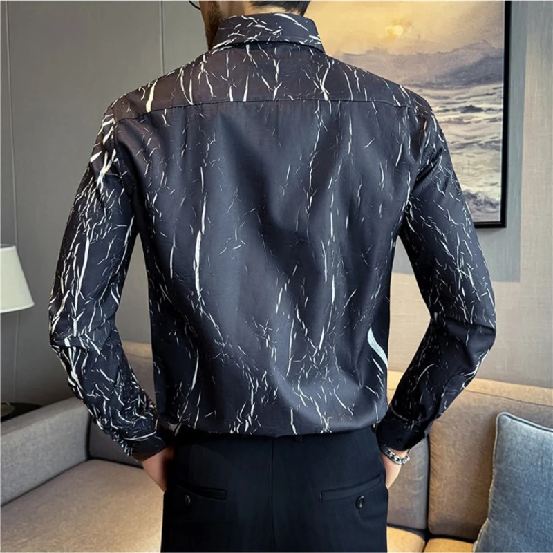 قميص رجالي بأكمام طويلة بنمط فرقعة - أزرق داكن (أسود/أخضر) M-3XL تصميم أنيق برقبة على شكل حرف V قماش قابل للتمدد للتجاعيد ​
