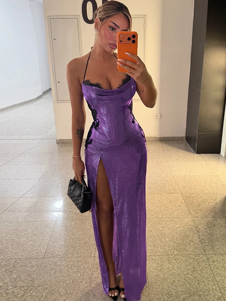 Nibber Chic Rückenfreies Sexy Glänzendes Langes Kleid Damen Spitze Jacquard-Dekoration Neckholder Tiefer Ausschnitt Geschlitzter Saum Abendkleid Elegante Vestidos