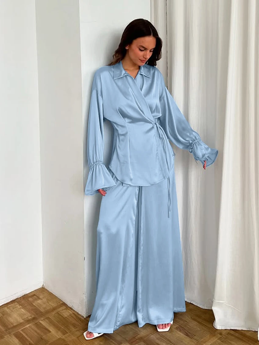 

Marthaqiqi Loose Women Pajama Set Long Sleeve Sleepwear Turn-Down Collar Robe Lace Up Nightgown Pants Casual Ladies Home Clothes