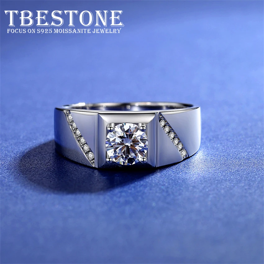 Tbestone Real Moissanite Ring For Men 925 Sterling Silver Round Brilliant Diamonds Engagement Ring Male Wedding Band Jewelry