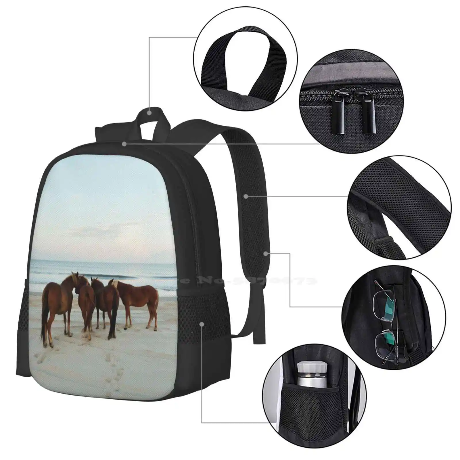 Coastal Horse Meeting Fashion Pattern Design Travel Laptop School Backpack Bag Horse Beach Coast Ocean Atlantic Wildlife Sunset