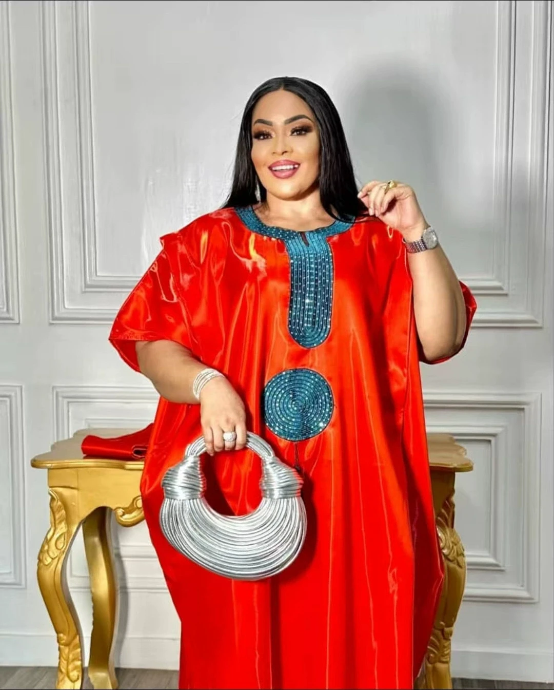 

Ramadan Islamic African Embroidered Glitter Solid Color Loose Robe with Headscarf Muslim Fashion Large Size Dress Female