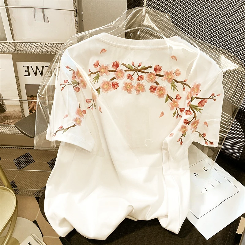 Chinese Styl T Shirts O Neck Short Sleeve Flower Embroidery Top Tees Summer Casual Loose 90s Fashion Vintage Chic Women Clothes