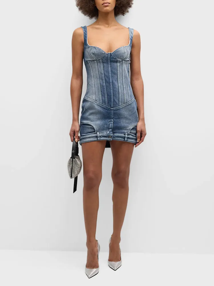 

y2k spring and summer washed and old fishbone denim sleeveless halter Women's dresses2024 waisted and hip-hugging long dresses