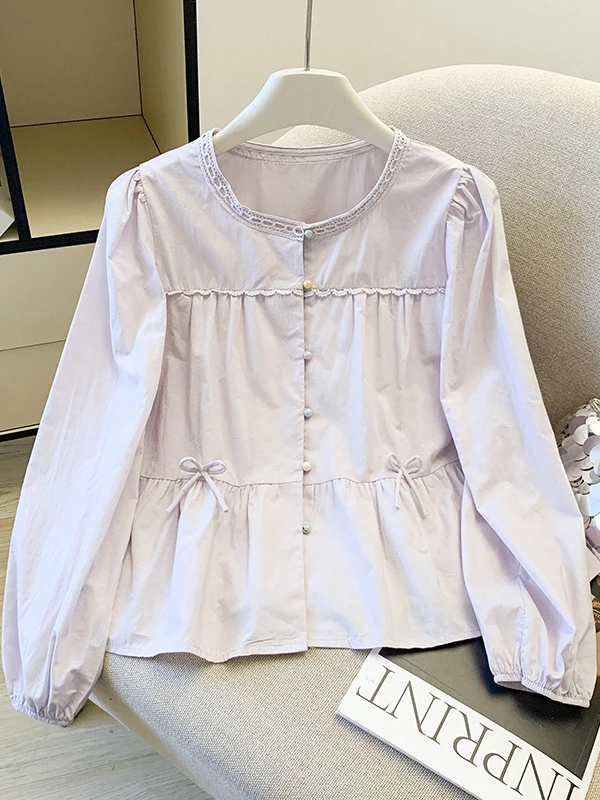 

Design Sensation Small Audience Wooden Ear round Neck Long Sleeve Shirt Slimming Top 2026 Spring Korean Style Sweet Shirt