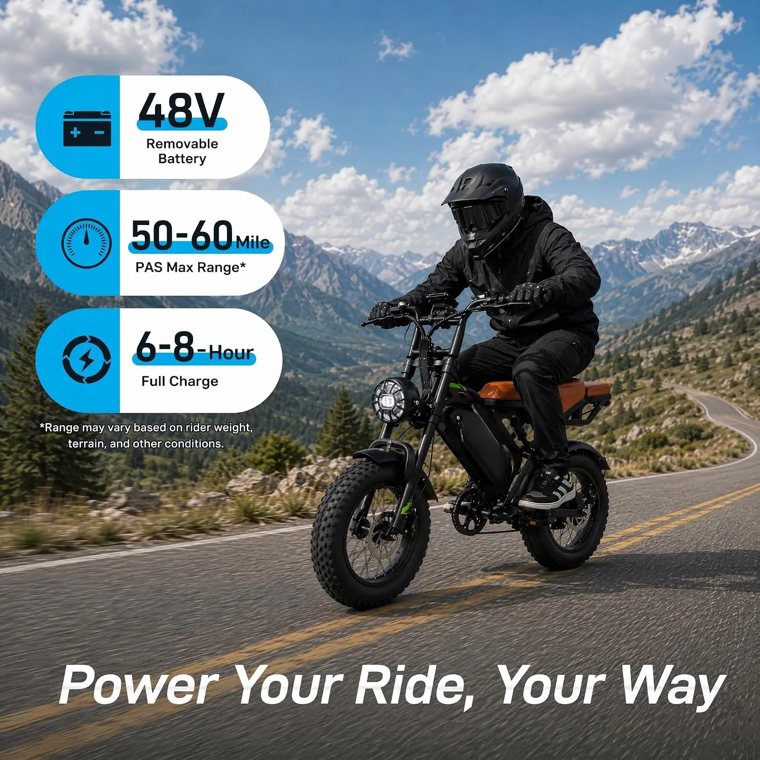 48V Removable Battery Electric Bike, PAS Mode 50-60 Mile Range, Commuting & Leisure, 26