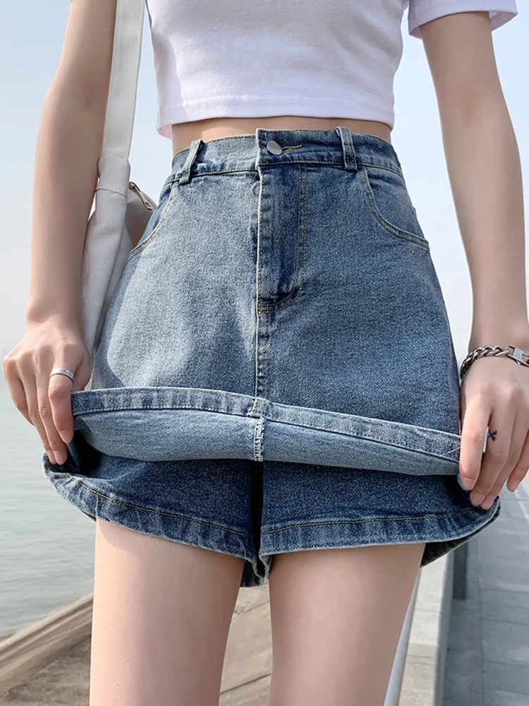 الصيف عادية البسيطة الدنيم التنانير امرأة ألف خط حجم كبير الجينز التنانير مع السراويل مرونة الخصر تنورة سوداء المرأة كولوتيس قصيرة #6