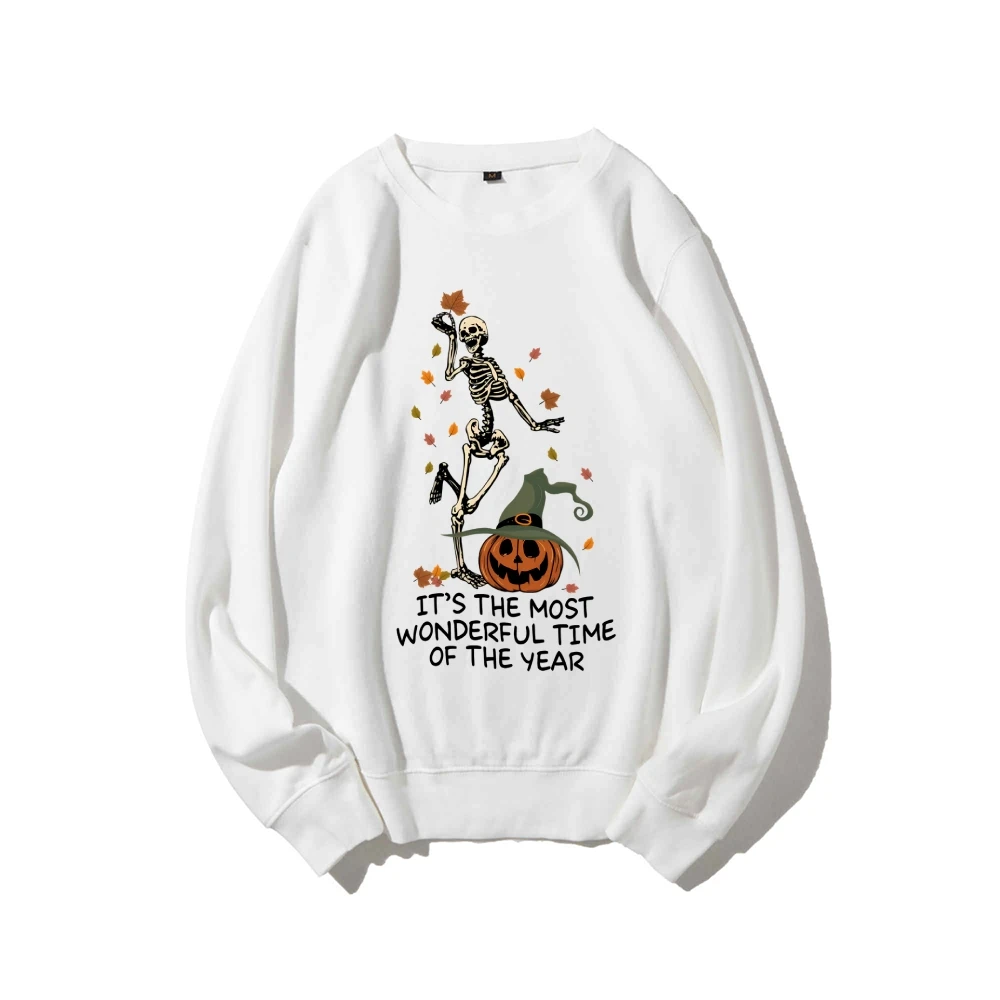 Pumpkin Dancing Skeleton Maple Leaf Halloween Long Sleeve Top Its The Most Wonderful Time Sweatshirt Womens Halloween Pullovers