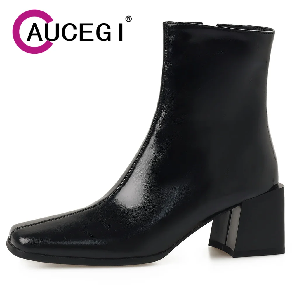 

Aucegi/2026, модные осенне-зимние женские ботильоны из натуральной кожи, повседневная обувь на массивном каблуке с квадратным носком, повседневная обувь на молнии