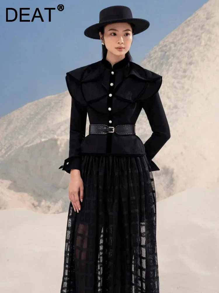 

DEAT Elegant 2 Pcs Set Petal Collar Patchwork Black Coat High Waist Gauze Long Skirt Women's Suits 2024 Autumn New Tide 13DB1739