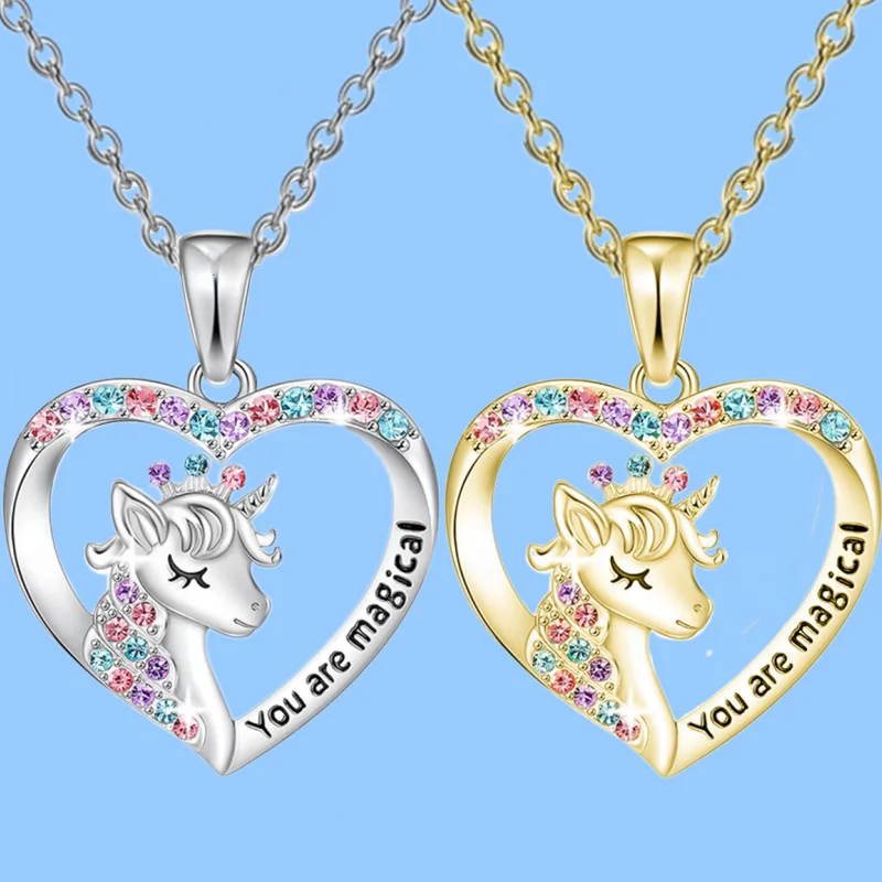 Fashion Crown Unicorn Necklace Heart Zircon Pendant Engagement Necklaces for Women Animal Jewelry Birthday Anniversary Gift