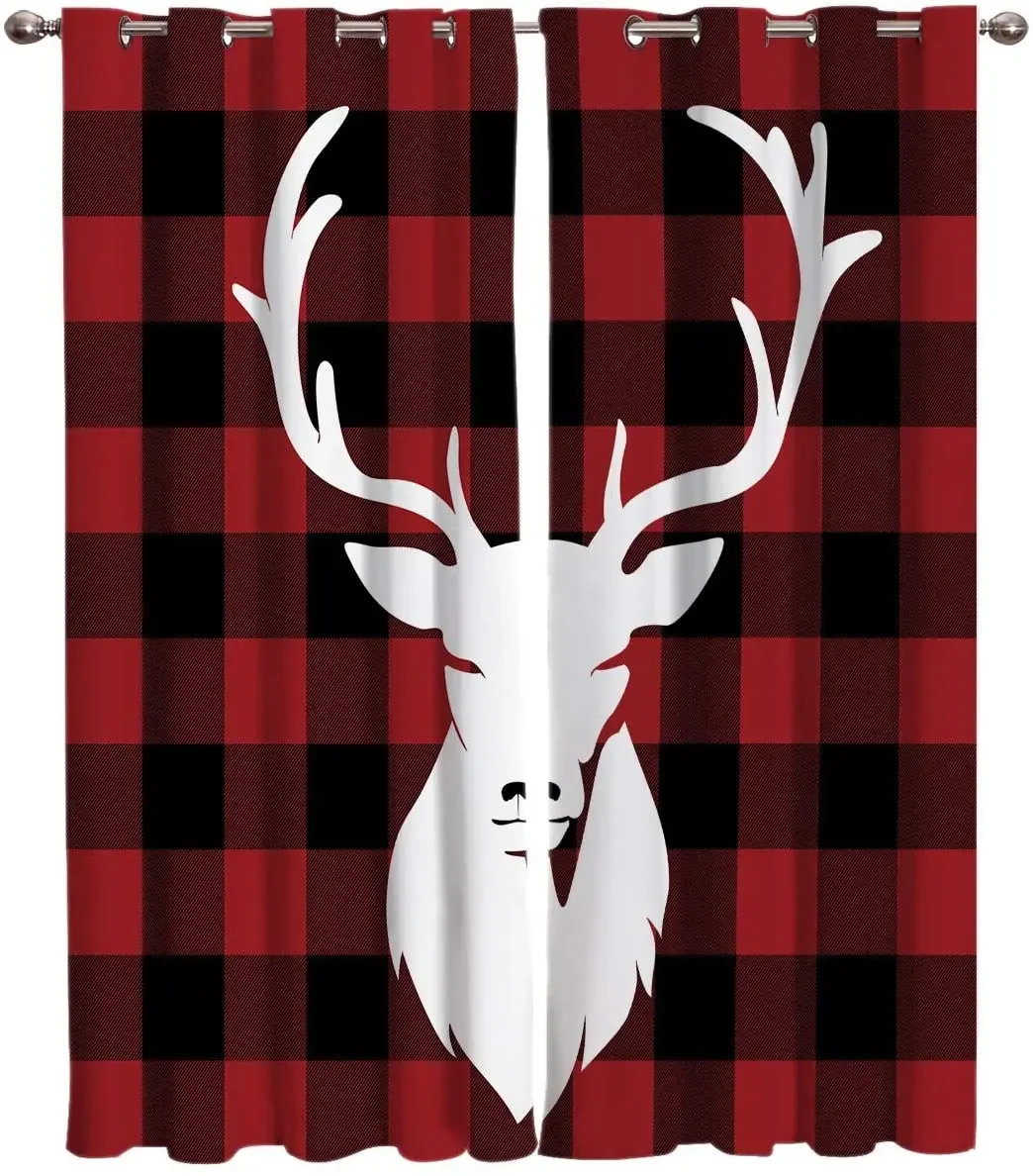 Christmas Cloth Plaid White Reindeer  Blackout Curtains 3D Print Window Curtains for Bedroom Living Room Decor Window Treatments