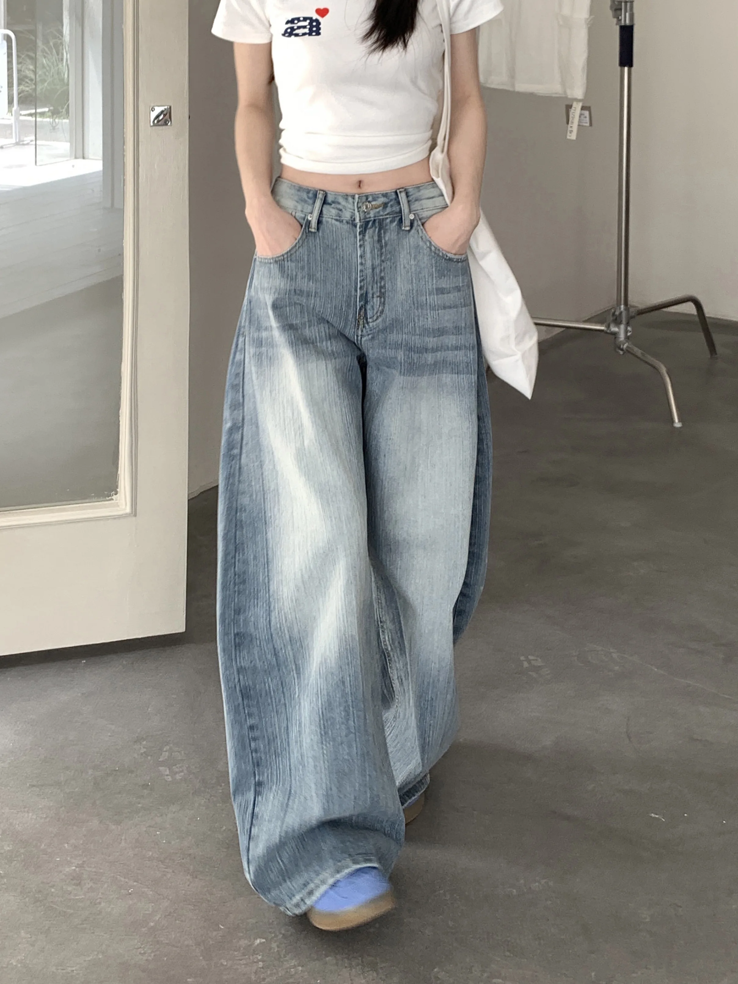 

WCFCX STUDIO винтажные широкие джинсы женские свободные брюки с высокой талией для похудения повседневные прямые длинные брюки