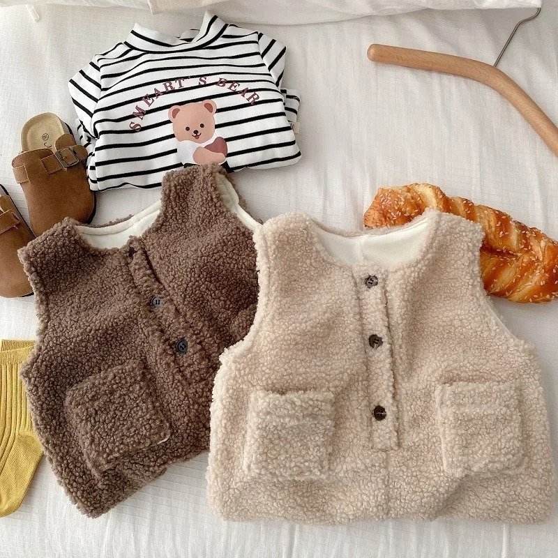 

Casual Baby Winter Clothes 0-2Years Newborn Boy Girl Solid Color Sleeveless Woollen Fleece Thicken Warm Romper Jumpsuit Outwear