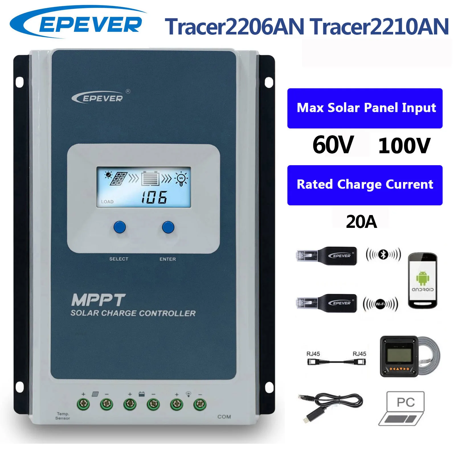 

EPEVER 20A MPPT Solar Charge Controller Max PV Input 60V for Tracer2206AN 100V for Tracer2210AN