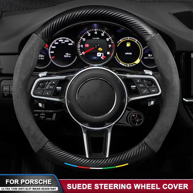 

Anti-Slip Suede Carbon Fiber Car Steering Wheel Cover For Porsche Taycan Cayenne Cayman Macan Panamera Boxster 718 918 911 Turbo