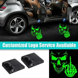2pcs Wireless Green Skull Middle Finger Logo Car Door Laser Shadow LED Welcome Light