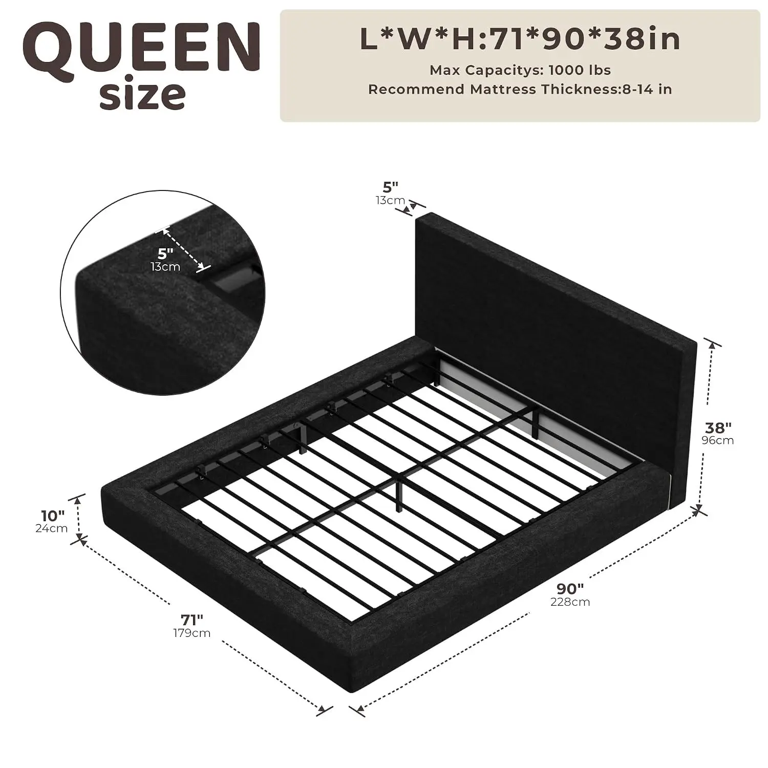 Upholstered Queen Bed Frame Plush Padded Headboard 360° Soft Foam Low Profile No Box Spring Easy Assembly, Customized
