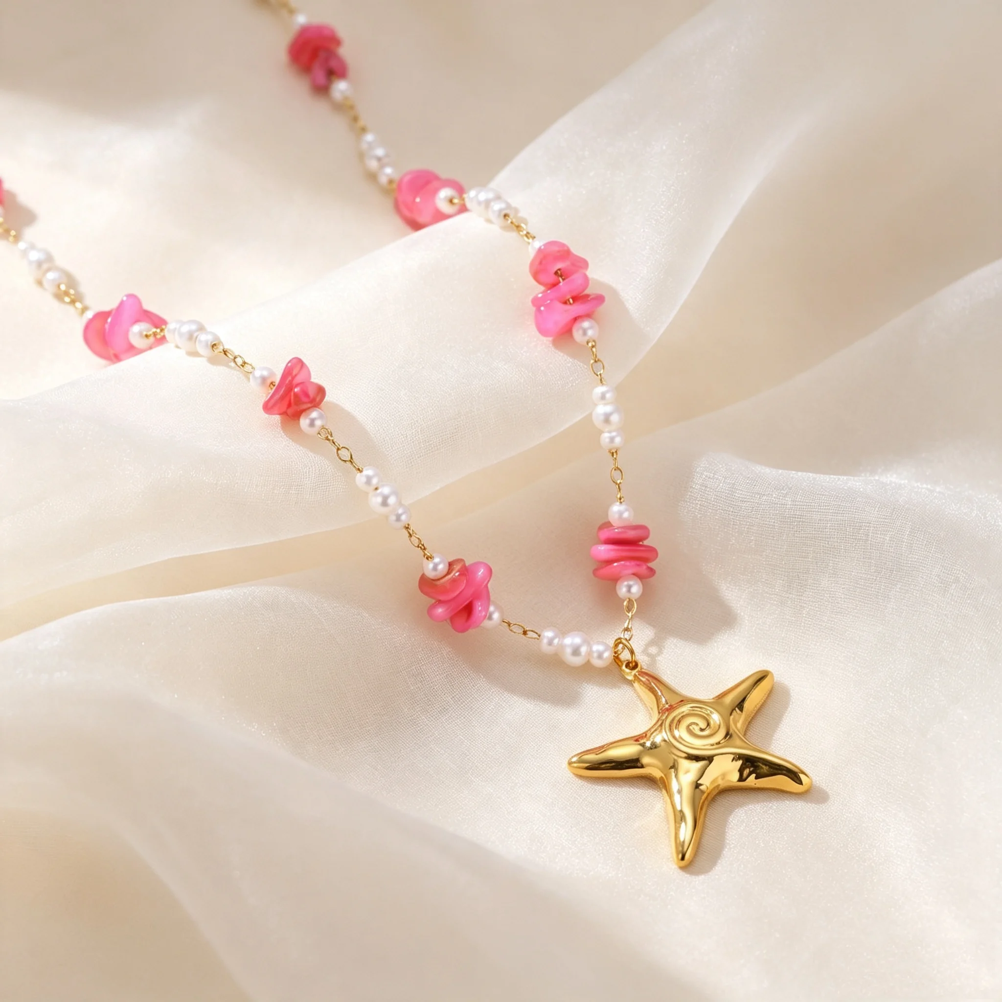 Stainless Steel Starfish Pendant Necklace Rust 18K Gold PVD Plated Pink Shell Imitation Pearl Chain Necklace for Women Jewelry