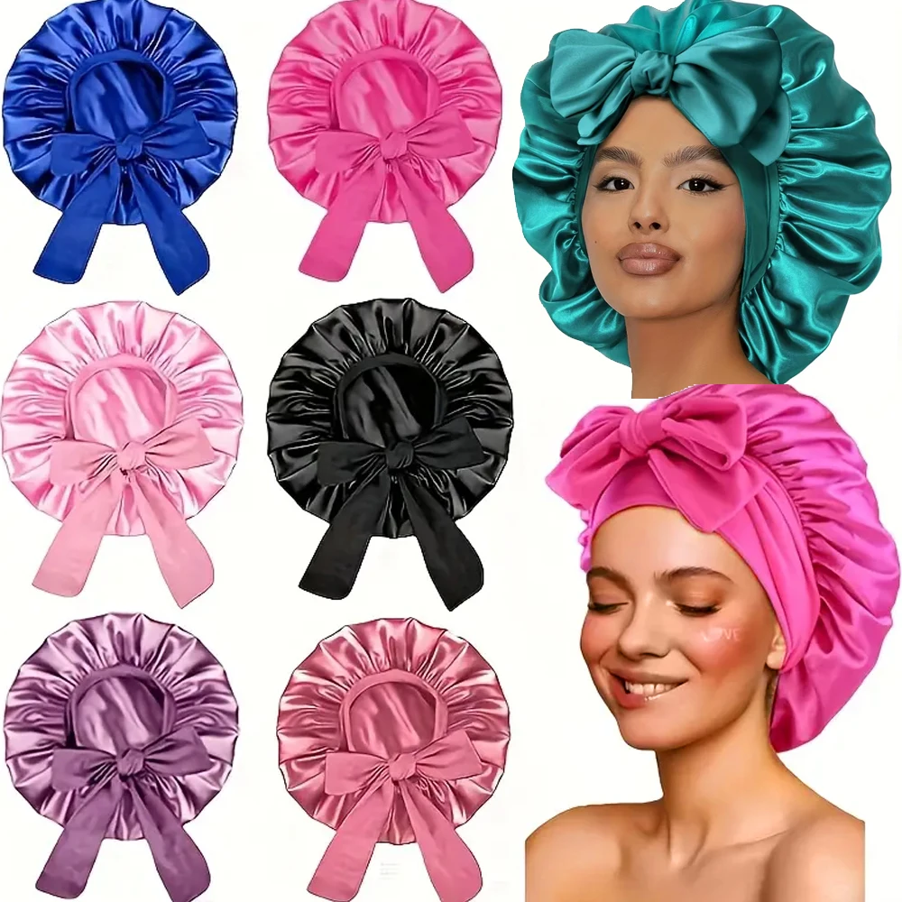 High Quality Double Silk Bonnet for Sleeping Women, Ajustable Hair Bonnet for Curly Hair with Tie Band Shower Caps