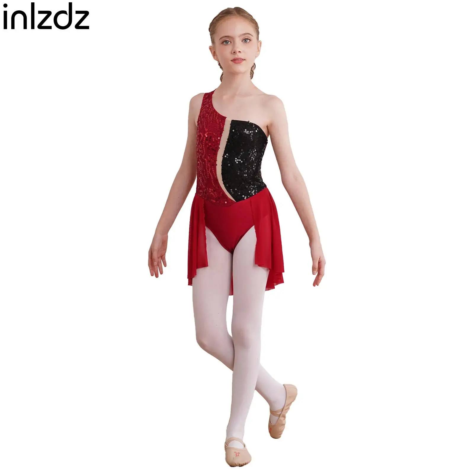 Kids Girls Sequins Ballet Dance Dress One Shoulder Figure Skating Dress Stage Performance Dance Costumes Ballroom Dancewear