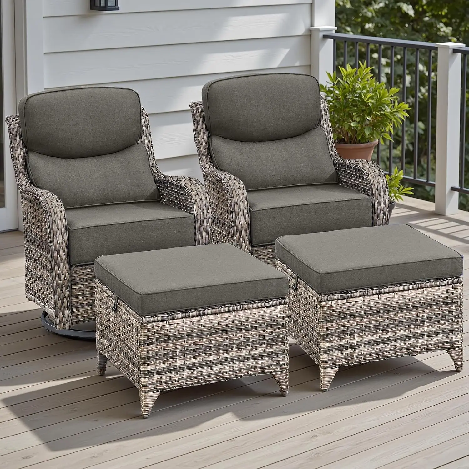 

Набор плетеной мебели для патио на открытом воздухе — 4-компонентный набор для бесед в патио с поворотными стульями-качалками и пуфиками, 6-дюймовыми подушками, высокая