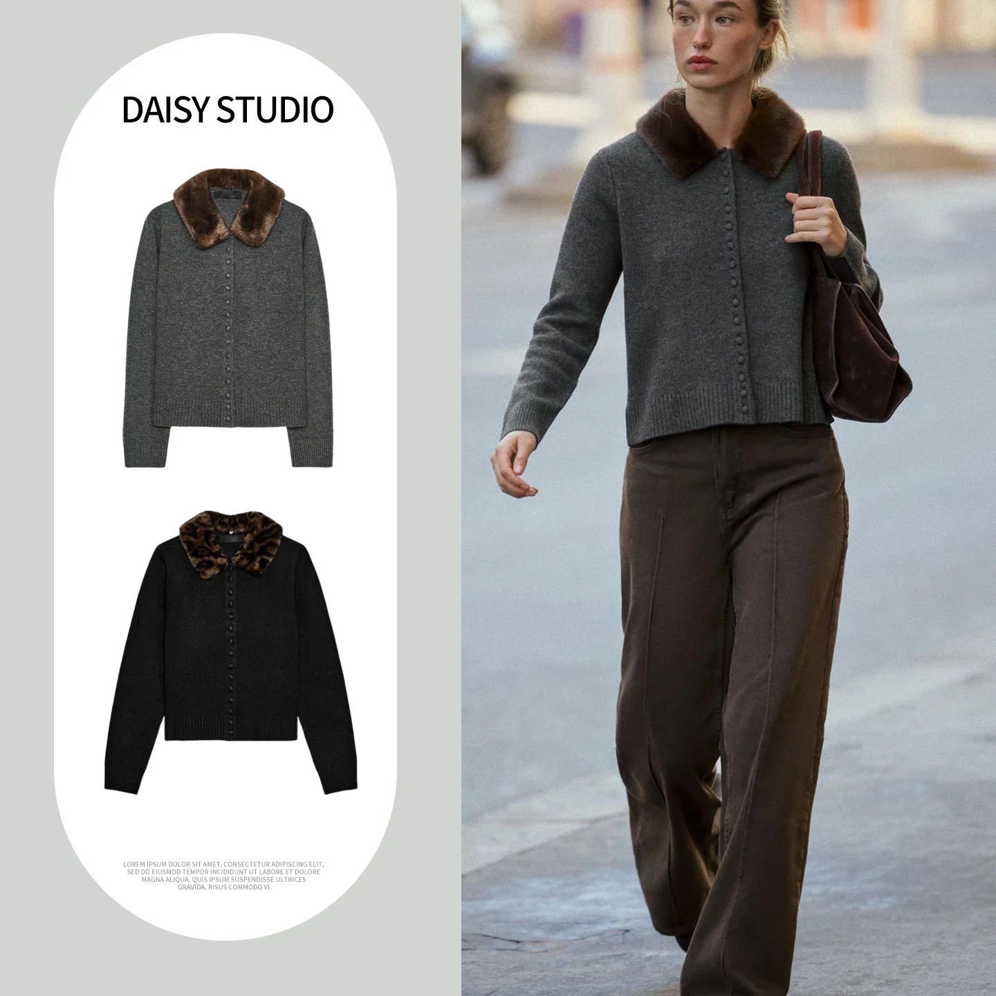 

Winter New Women's Knitted Faux Fur Effect Collar Coat Polyester Fiber Long Sve ort Length Button Closure Cardigan