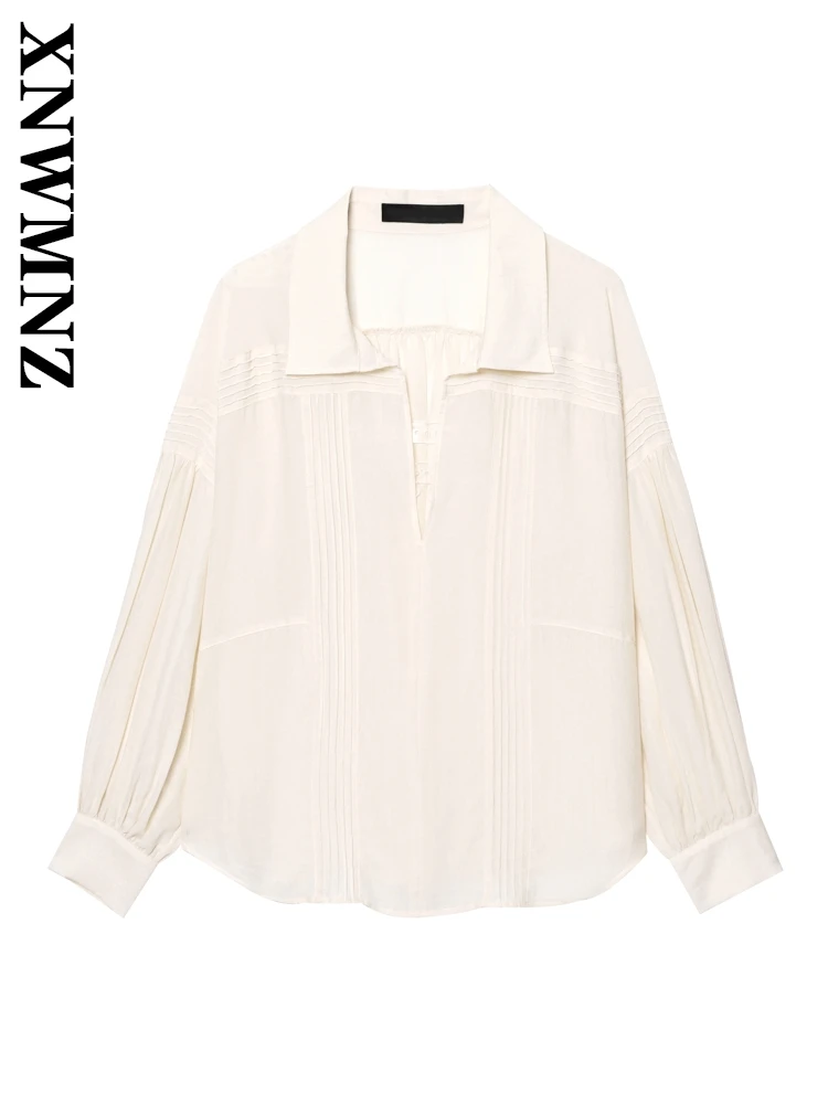 

XNWMNZ 2025 Summer New Female Edgy Long Sleeve Top Blouses Trendy Spring Lady Turn-down Collar Pullover Ruffles Chiffon Blouse