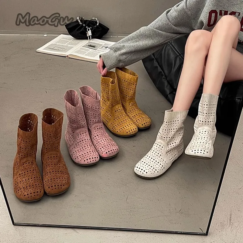 Botas de verano Para Mujer, sandalias sin cordones con agujeros transpirables, Botas cortas de tubo medio con parte inferior plana, talla 35 40, Botas Para Mujer