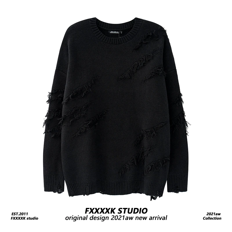 

Original FXK Oversize Knitwear round Ne Loose Fit Couples Sweater High Street Design Sense Tassel Detailing Long Sve
