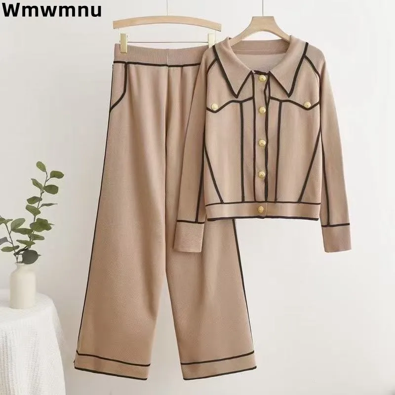 

Patchwork Elegant Knitted Women 2 Piece Sets Lapel Cardigan Sweater Coats Tops Outfit Korea High Waist Wide Leg Pants Conjunto