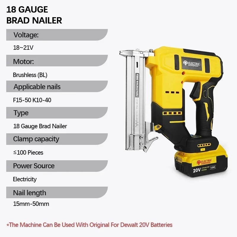 

Cordless Electric Brushless Brad Nail Gun for Straight and N-Shape Nails, Ideal for Woodworking, Compatible with 20V Battery.
