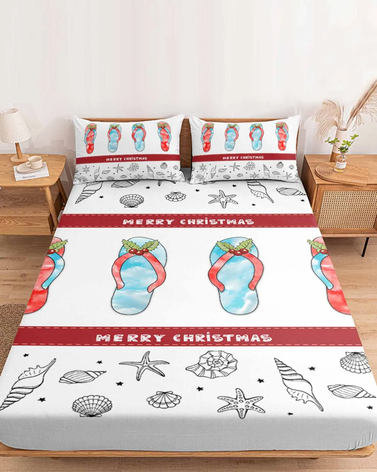 

Christmas Slippers Marine Life Lines Polyester Fitted Sheet Mattress Cover Four Corners Elastic Band Bed Sheet Pilllowcase