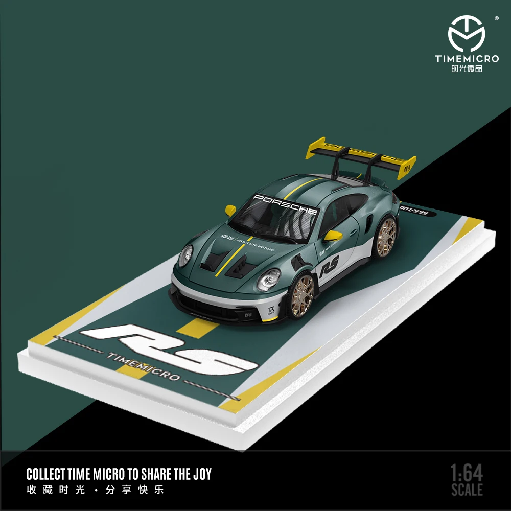 Time Micro 1:64 992 GT3 RS Silver Green Wide Body Diecast Model Car Metal Chassis Acrylic Display Collection Model Ornaments