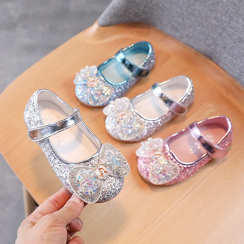 Disney Elsa Princess ShoesGirls\' Fashion Cartoon Princess Casual Shoes Girls With Sequin Leather Shoes Soft soled Baby Shoes