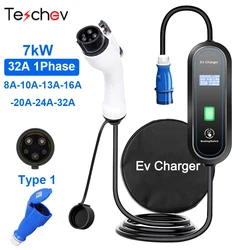 Teschev Portable EV Charger GBT Wallbox Type2 Cable 32A 7KW EVSE Type1 Charging Box j1772 Adapter for Electric Vehicle