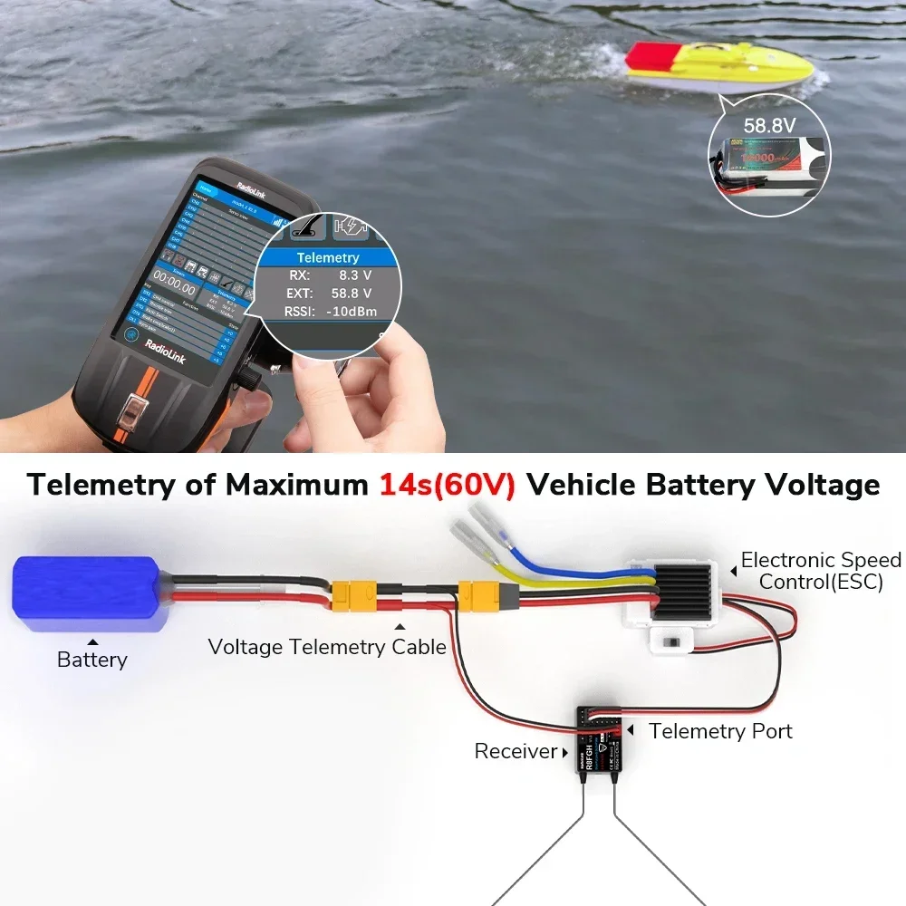 Radiolink r8fgh giroscópio receptor 2.4g 8 canais telemetria tensão do veículo até 14s 58.8v para rc carro barco cortador máquina robô