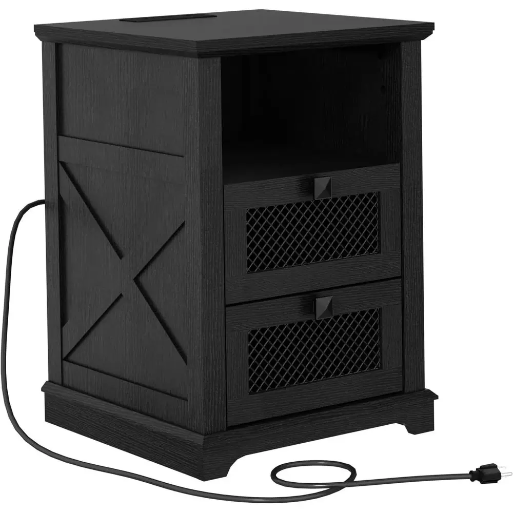 

Nightstand with Charging Station, Farmhouse End Table, Bed Side Table with 2 Storage Drawers and Open Shelf, Wood, Customized
