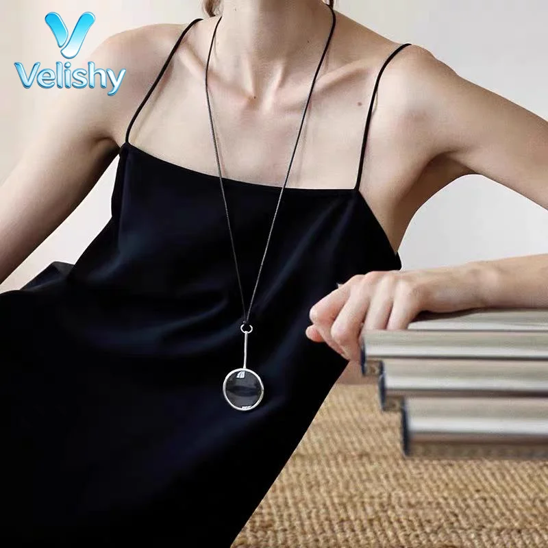 Creative Fun Magnifier Design Long Pendant Necklace For Women Fashion Black Leather String Sweater Chain Jewelry Accessory