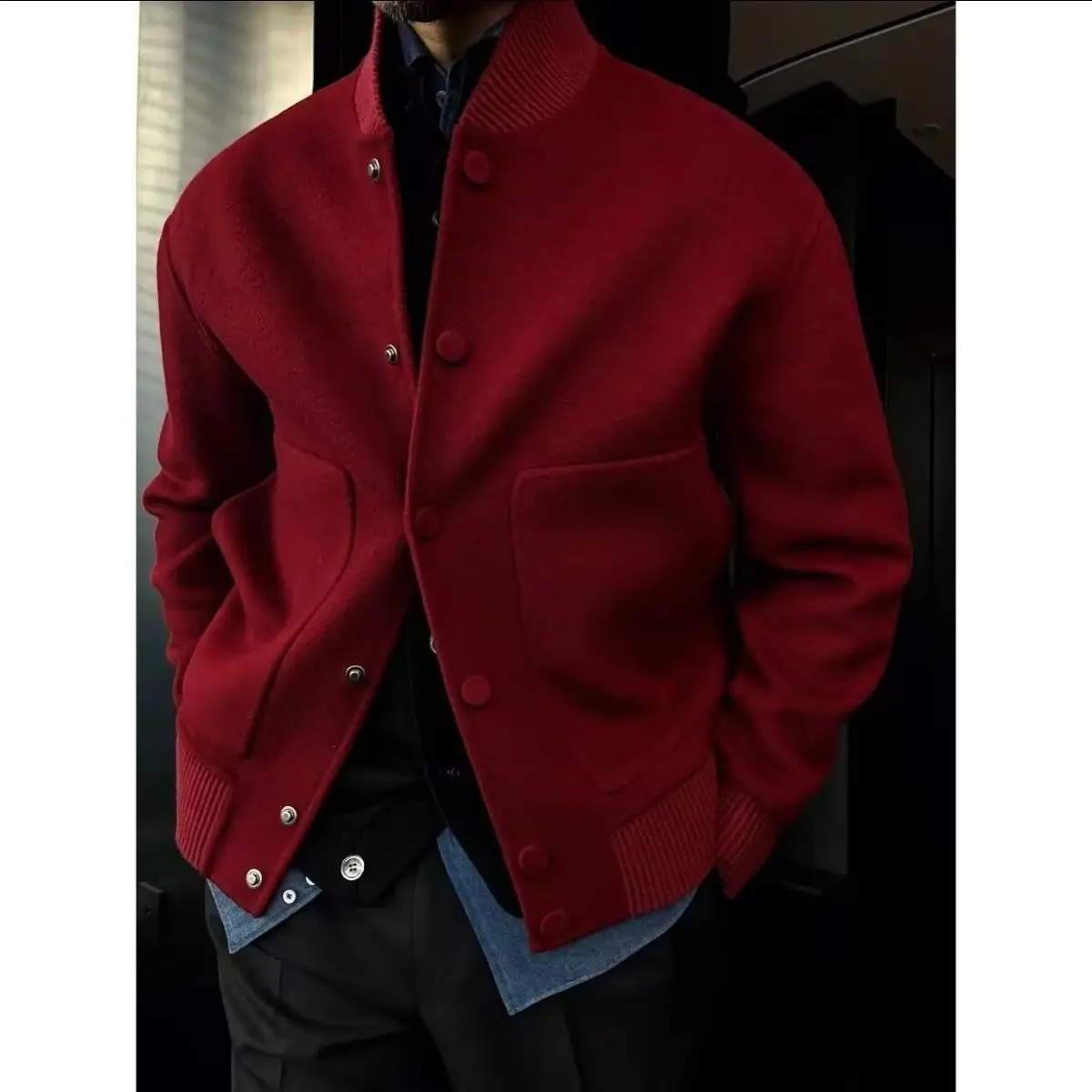 Men's Woolen Coat Fashion Brand Solid Color Stand Up Collar Versatile Trendy Jacket Jacket