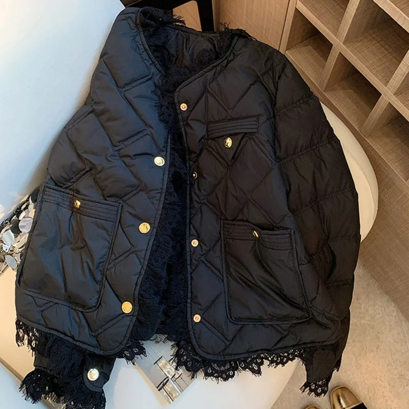 

Черная кружевная куртка-пуховик с круглым вырезом, женское однобортное хлопковое пальто в стиле ретро, простая модная теплая верхняя одежда