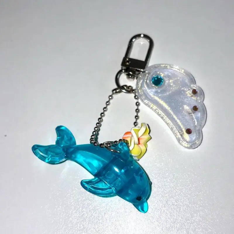 Transparent Blue Acrylic Dolphin Keychain With Flower Charms/Wings For Bag Decor