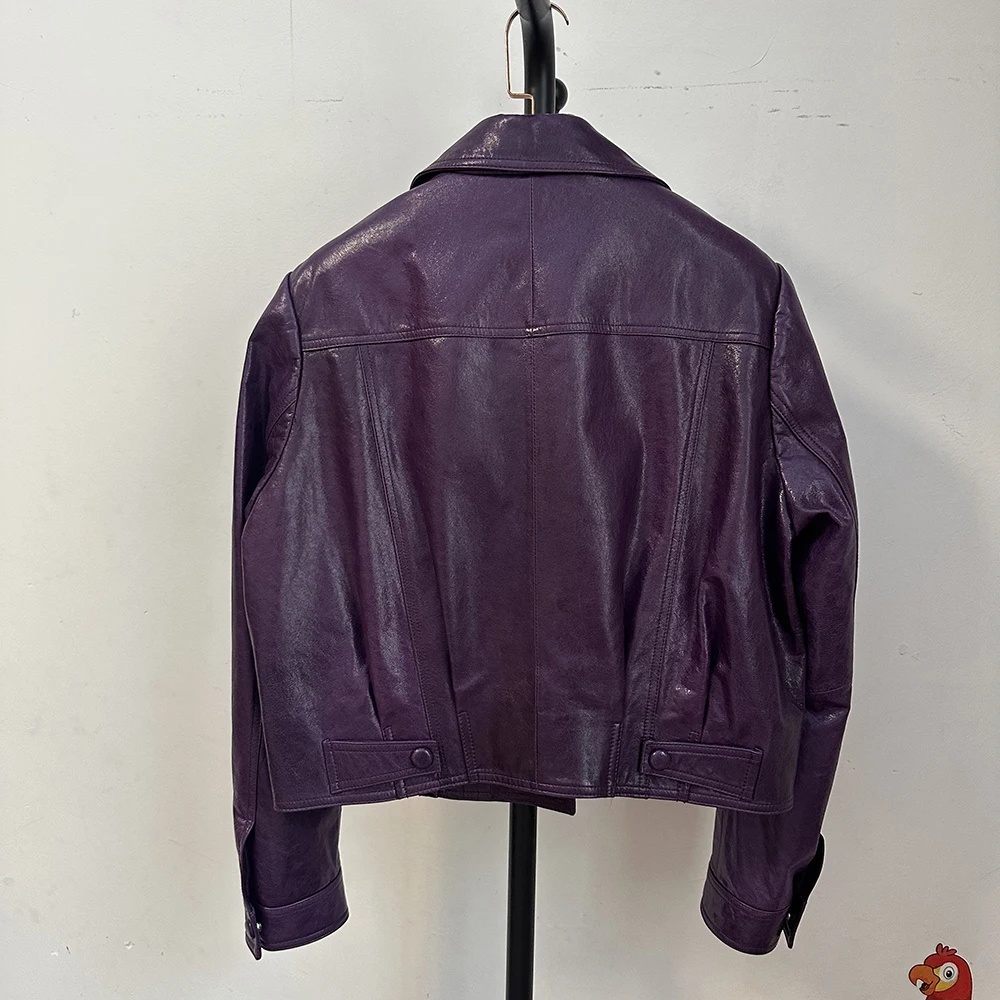 100% First Layer Sheepskin Women's Jackets 2026 Fall Fashion Purple Lapel Zipper Female Casual Biker Coat Real Leather Jackets