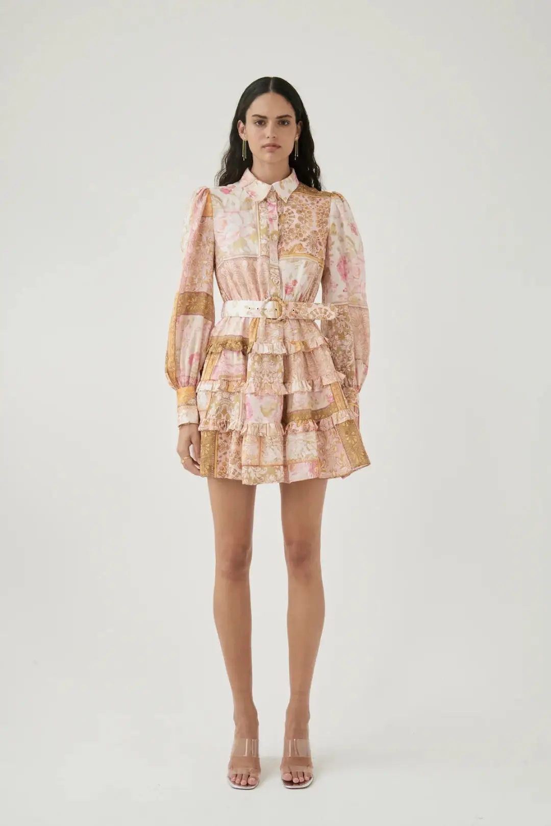 

Women's floral sweet lantern long sleeved lapel short dress