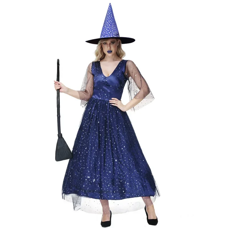 Halloween adulto com decote em v gaze azul estrela lua bruxa cosplay traje