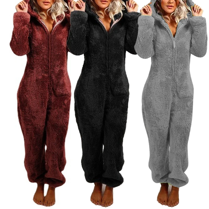 

Women Warm Plush Romper Autumn Winter Flannel Pajamas Long-Sleeve Zipper High Neck Hooded Bodysuit Female Sleepwear Homewear Set