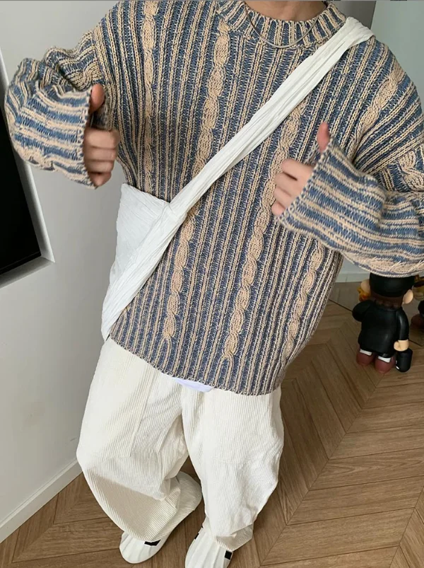แฟชั่นลายถักเสื้อกันหนาวผู้ชายฤดูใบไม้ร่วงStreetwear Y2KหลวมOคอยาวแขนยาวถักเสื้อยืดMens Vintageเสื้อกันหนาวW842