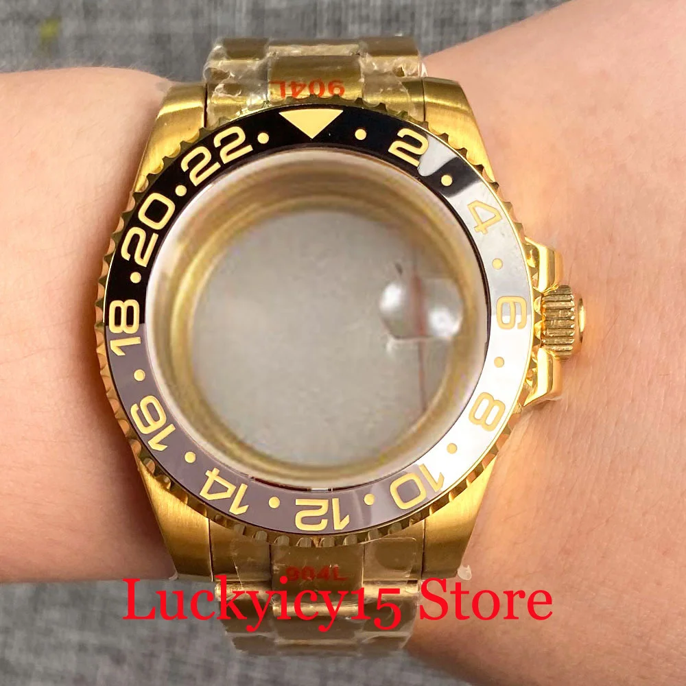 

40mm Gold Watch Case GMT Ceramic Insert Fit NH35A NH36A NH34A ETA 2836 2824 MIYOTA 8215 PT5000 Steel Strap Glide Lock Clasp