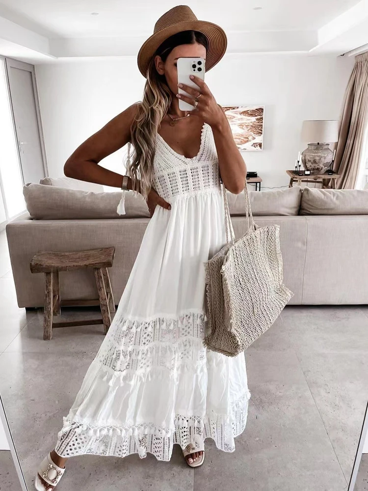 Sexy Lange Kleider für Frau Sommer Strand Stil Mode Boho Kleid Strap V-ausschnitt Spitze Backless Sommerkleid Damen Weiß Maxi kleid